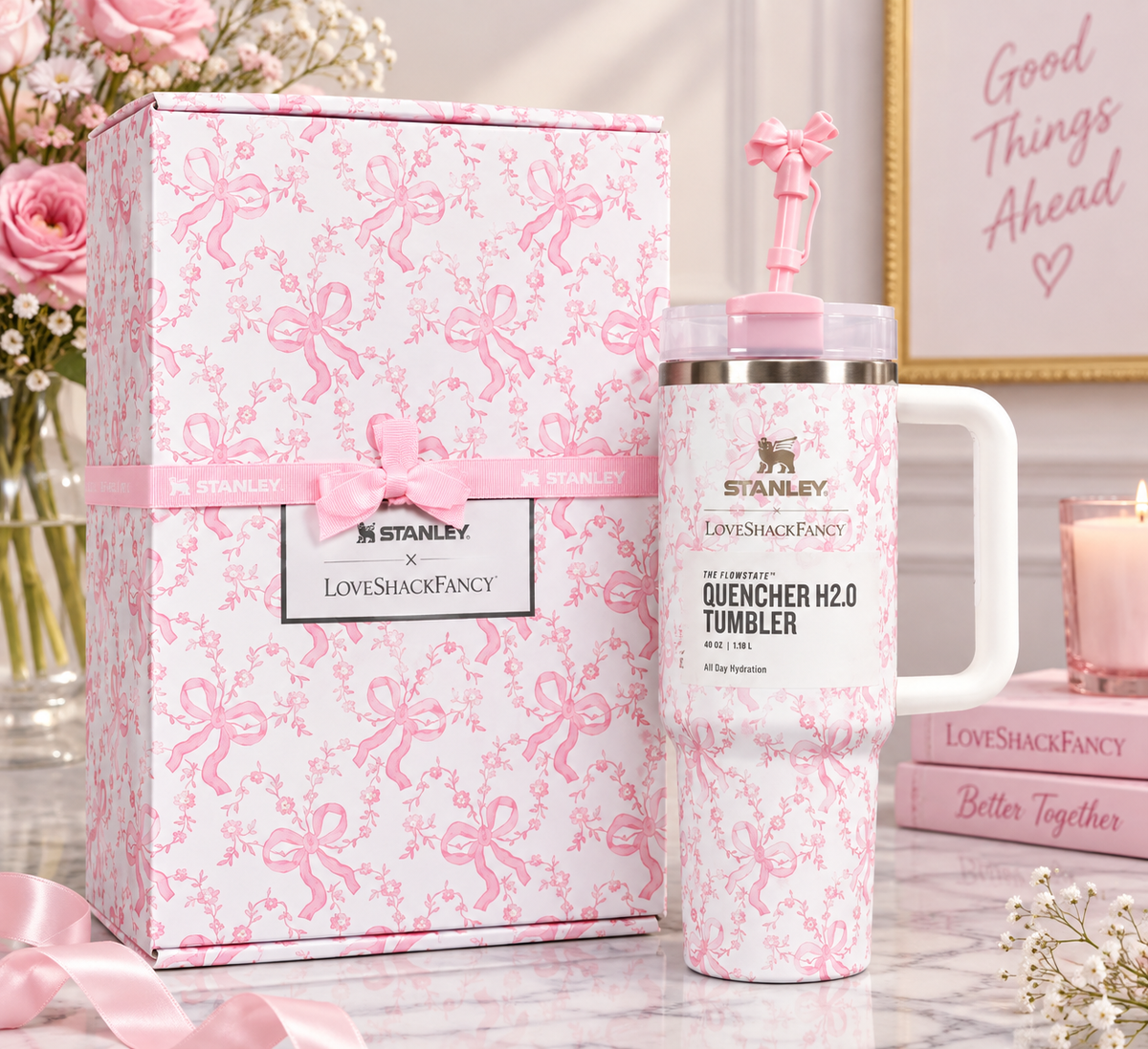Stanley x LoveShackFancy 40 OZ Quencher H2.0 FlowState Tumbler – Pink Bow Floral