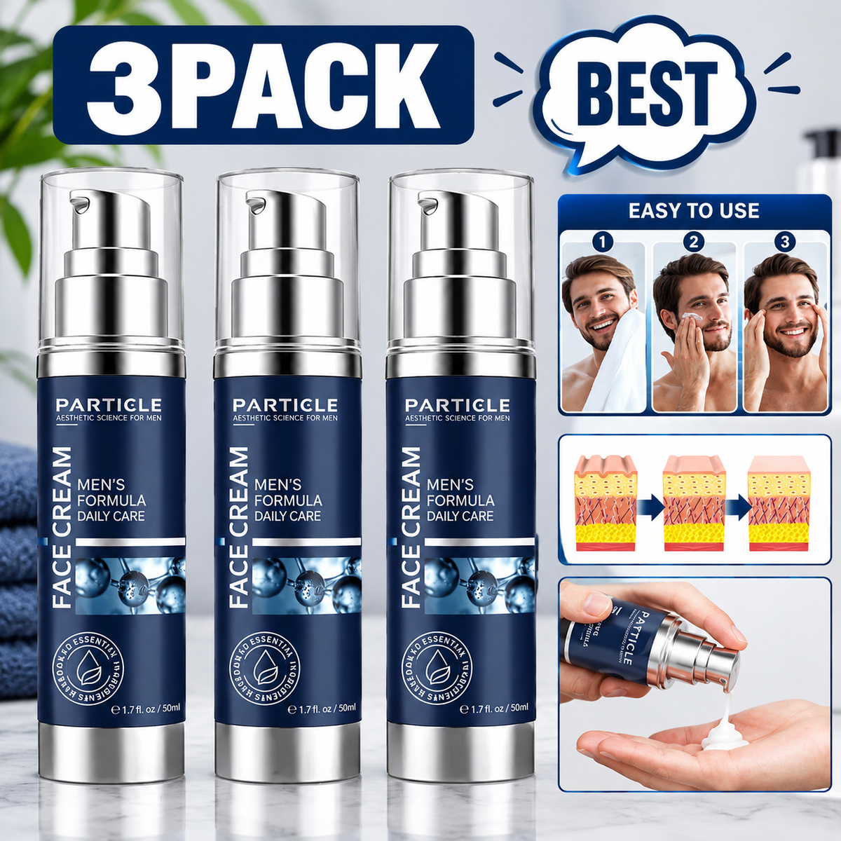 Three bottles of Particle Face Cream Men's Formula Daily Care shown in a 3-pack promotional layout, with a large '3PACK' banner, 'BEST' speech bubble, and usage steps graphics on a light marble background.