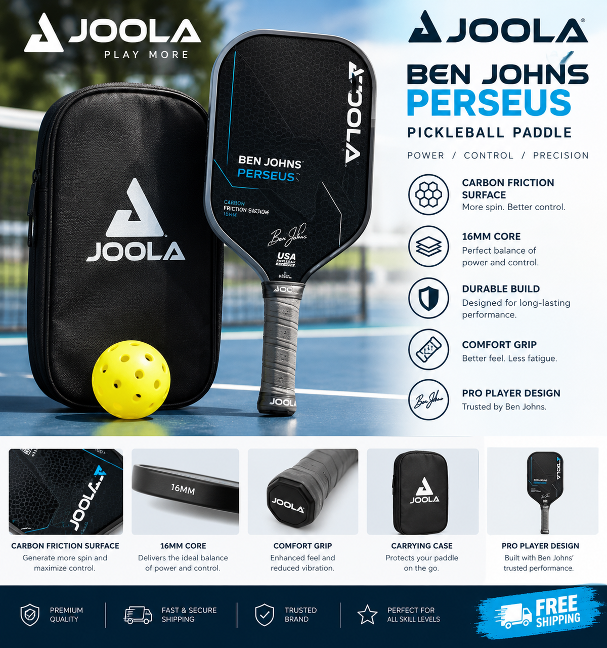 A Joola Ben Johns Perseus pickleball paddle and matching black carrying case, shown with a yellow pickleball on a promotional graphic background. The image includes feature callouts, close-up detail panels, and shipping/promo text.