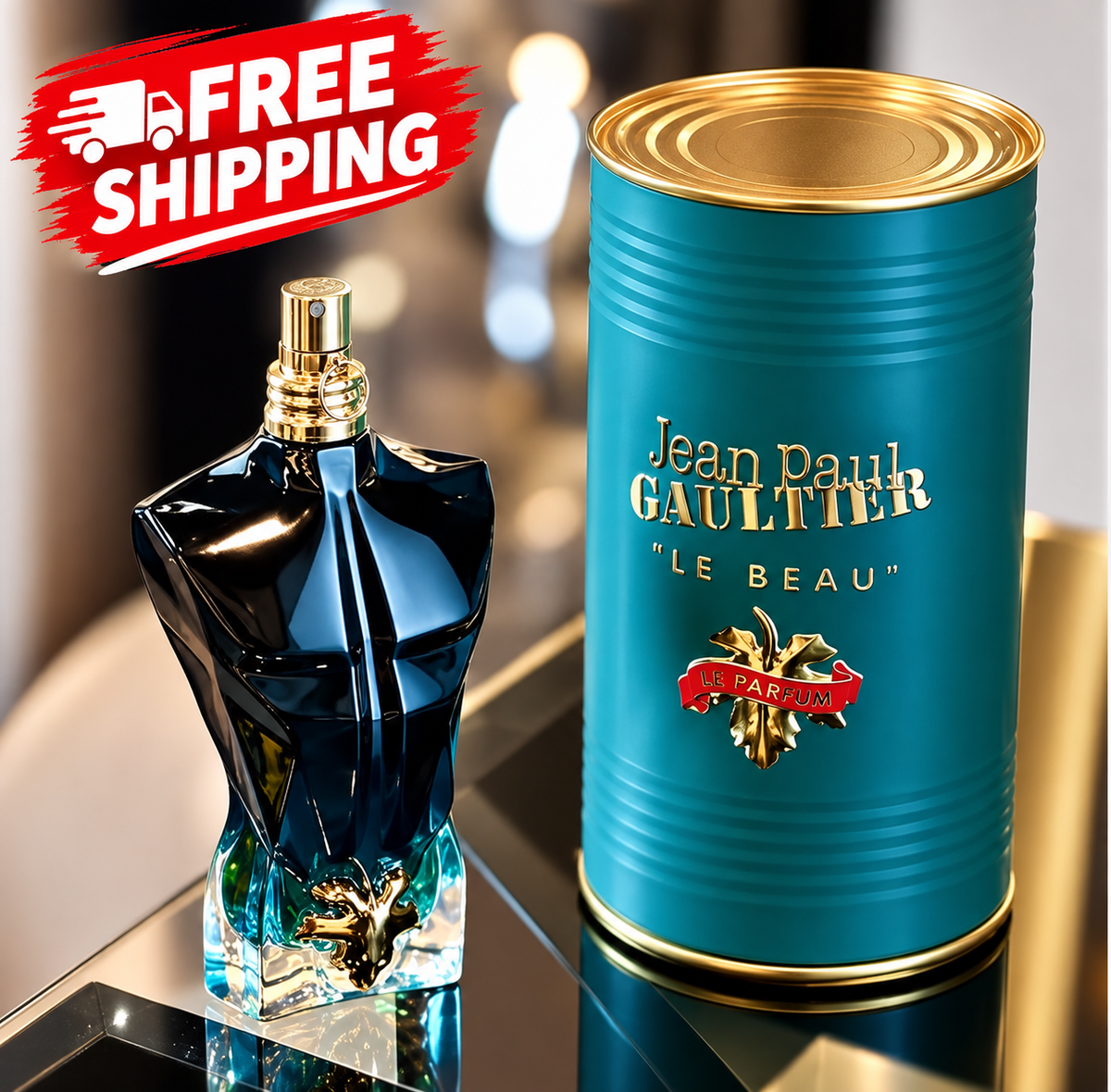 Jean Paul Gaultier Le Beau perfume bottle next to its signature teal cylindrical tin packaging with gold lettering, set on a reflective surface with a 'FREE SHIPPING' promotional overlay.