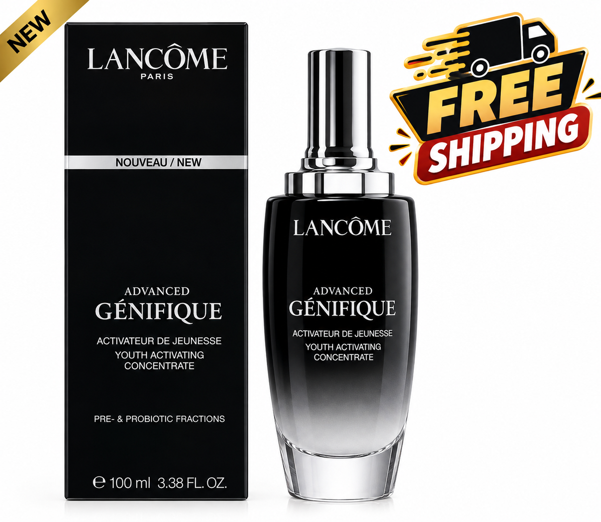 Lancôme Advanced Génifique Youth Activating Concentrate shown with its black retail box and the black-to-clear gradient bottle with a silver cap. A yellow 'NEW' banner appears in the top-left corner, and a 'FREE SHIPPING' graphic is in the top-right on a white background.