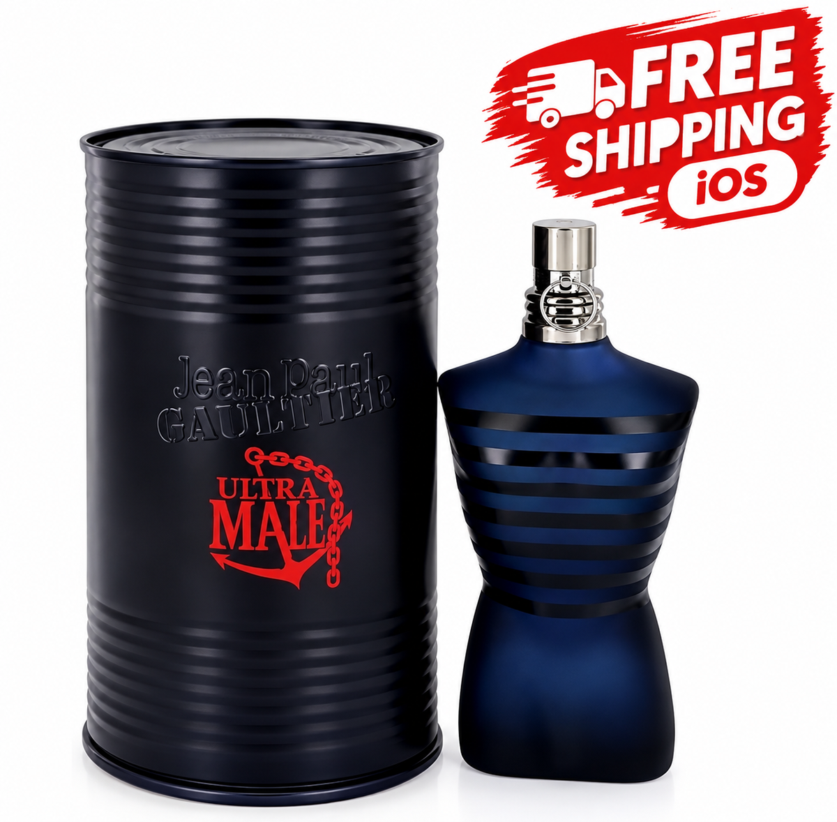 Jean Paul Gaultier Ultra Male Eau de Toilette bottle in dark blue with black horizontal stripes, shown next to its black cylindrical packaging canister with silver and red branding. A red 'FREE SHIPPING iOS' graphic overlay is in the top right corner.