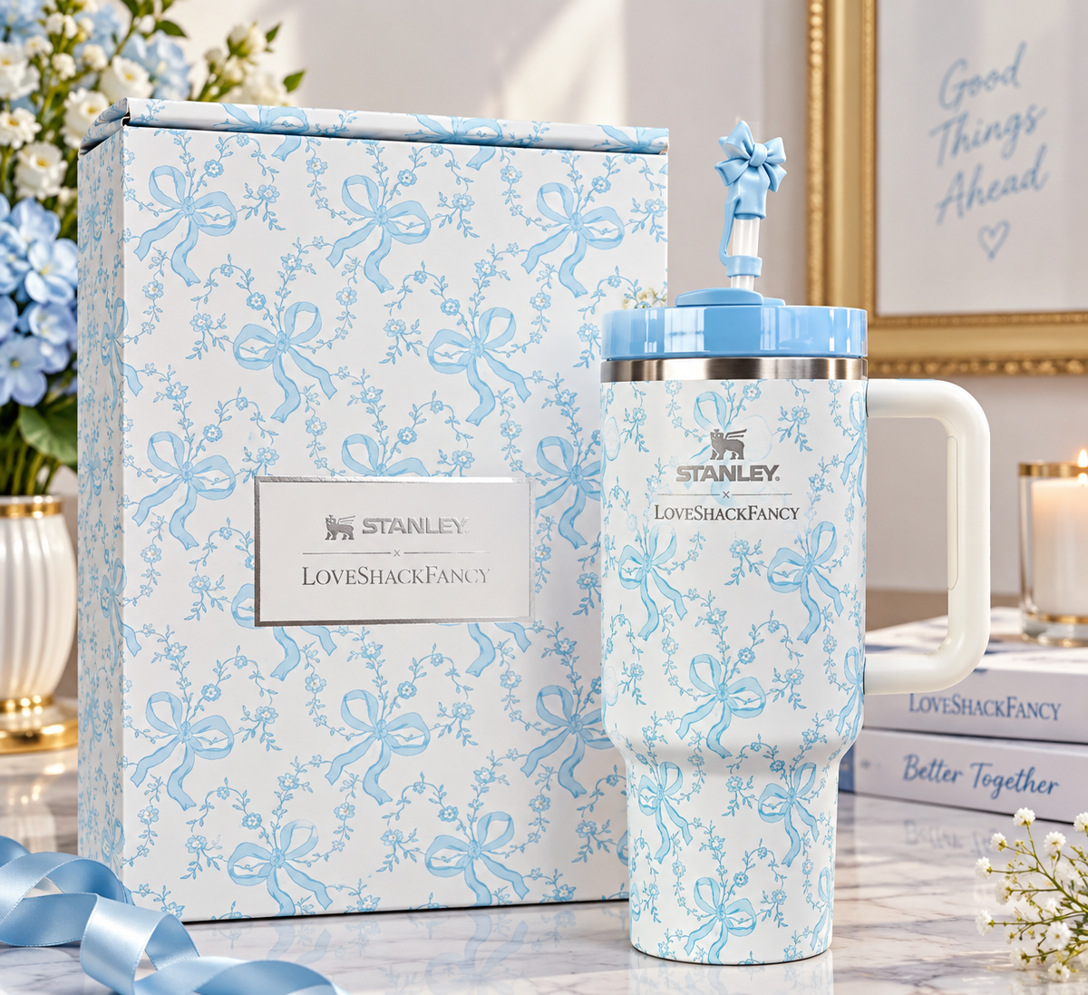 Stanley x LoveShackFancy 40 OZ Quencher H2.0 FlowState Tumbler – Blue Floral Bow