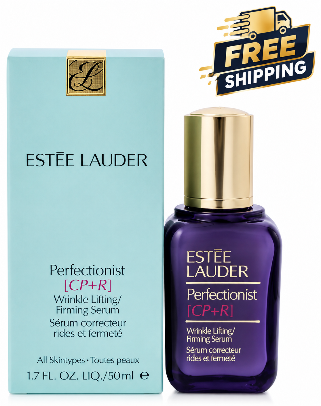Estée Lauder Perfectionist [CP+R] Wrinkle Lifting/Firming Serum shown with its light blue outer box and the dark purple glass bottle with a gold cap. A 'FREE SHIPPING' graphic is in the top right corner.