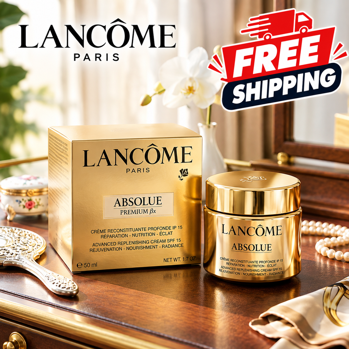 Lancôme Paris Absolu Premium Jöléum cream SPF 15 and its gold box displayed on a wooden vanity table, with a Lancôme Paris logo in the top left and a 'FREE SHIPPING' promotional badge in the top right.
