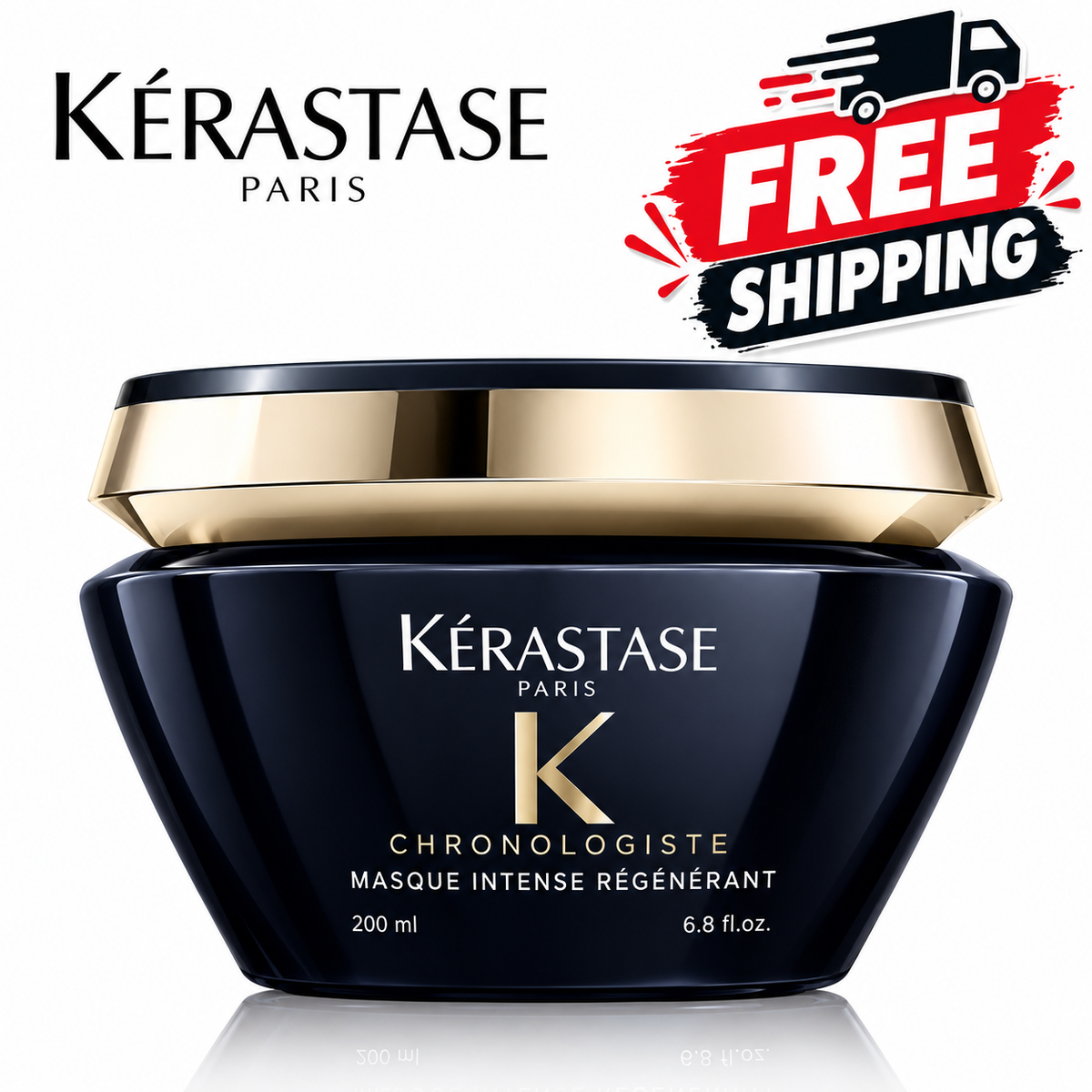 Kérastase Chronologiste Intense Regenerating Mask jar in navy blue with a gold lid, shown on a white background with a 'FREE SHIPPING' promotional badge and Kérastase Paris logo.
