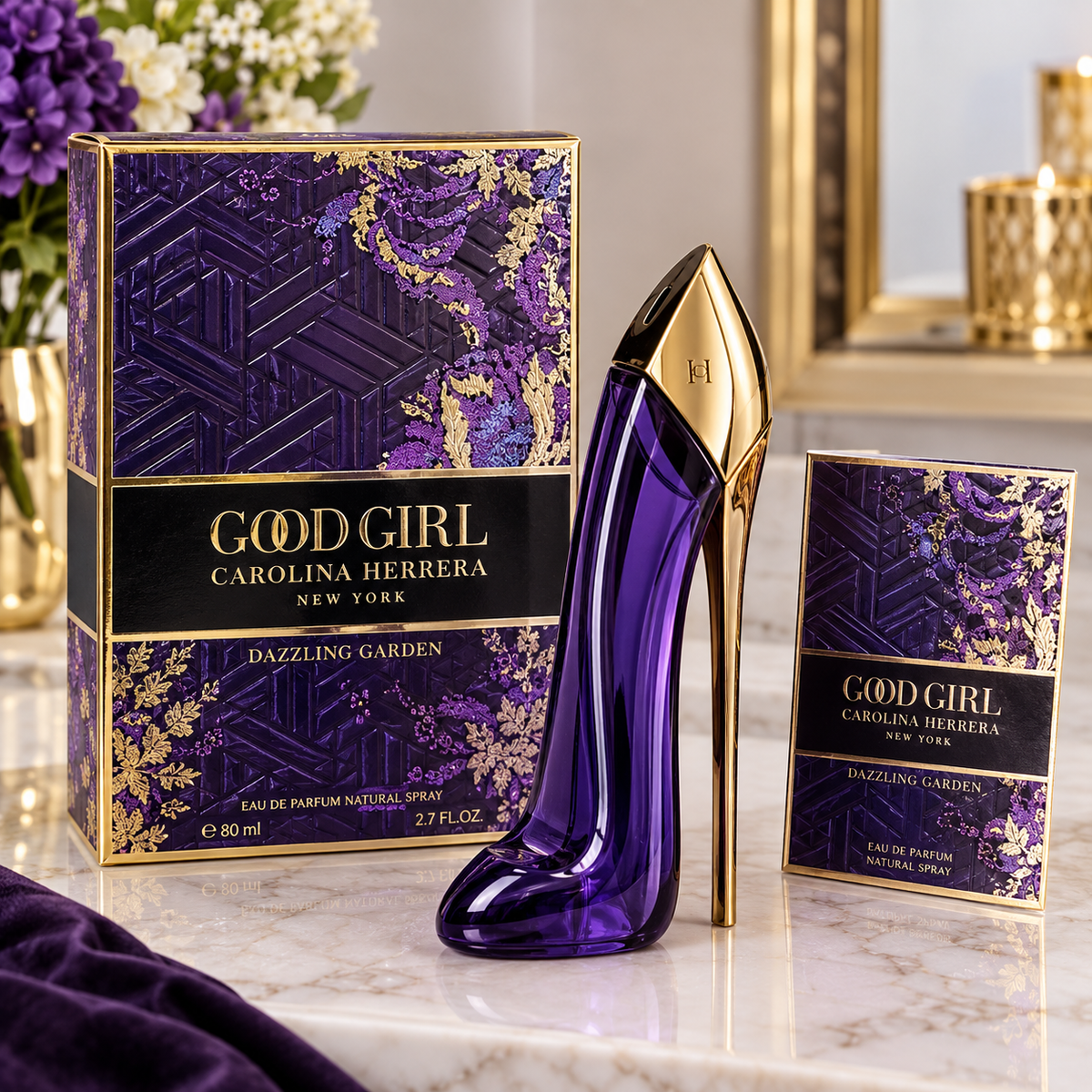 Carolina Herrera Good Girl Dazzling Garden perfume shown with its retail box, a purple high-heel-shaped bottle, and a smaller matching box on a marble surface.