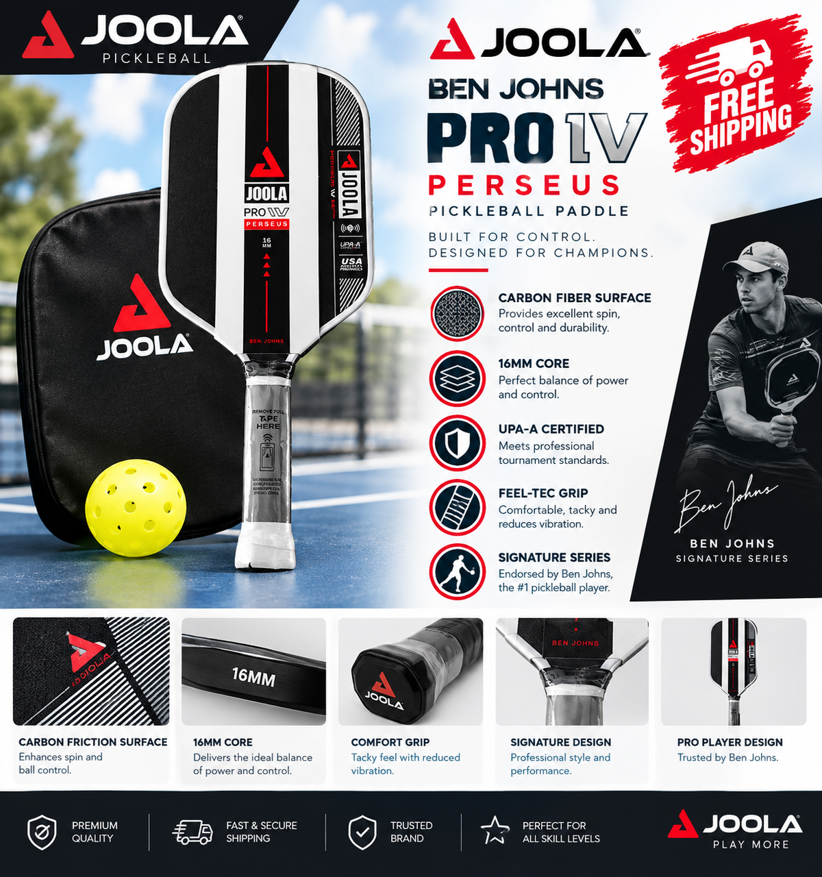A promotional product graphic for the Joola Ben Johns Pro LV Perseus pickleball paddle. The paddle is shown upright on the right with its black carrying case and a yellow pickleball on the left.