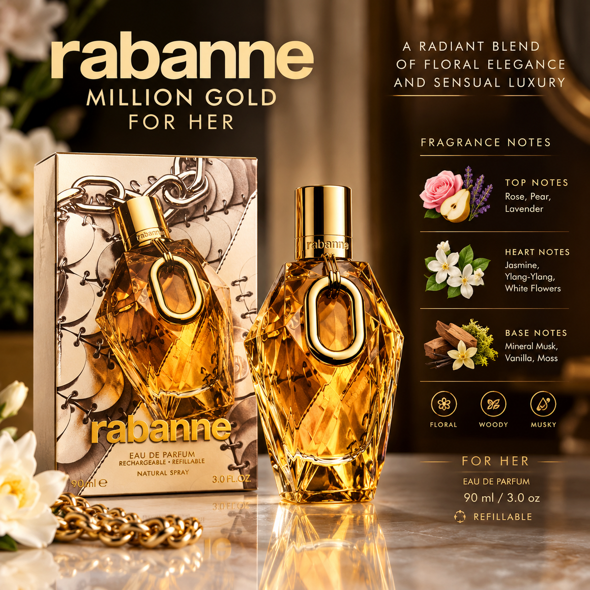 Rabanne Million Gold For Her Eau de Parfum for Women – 90 ml / 3.0 oz