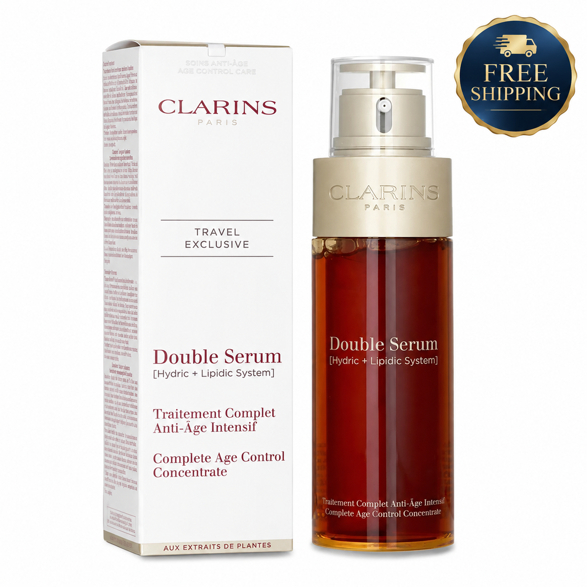 Clarins Double Serum anti-age treatment shown with its white and beige packaging box and the amber glass pump bottle, featuring a blue 'Free Shipping' badge on a white background.