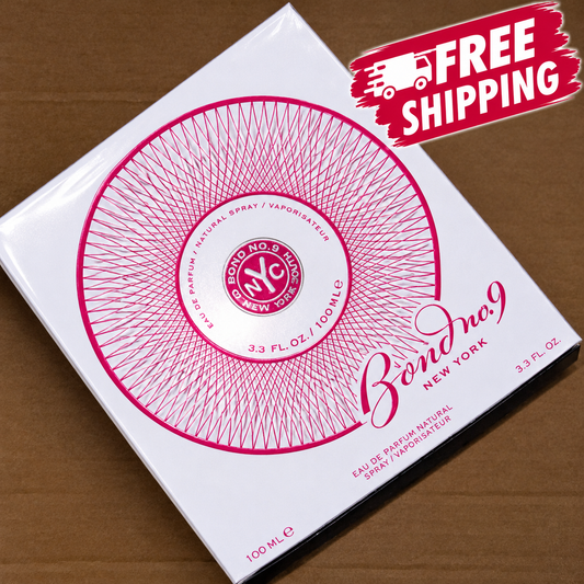 Bond No. 9 New York Eau de Parfum 100ml box on a brown cardboard background, featuring a pink circular design on a white box with a 'FREE SHIPPING' graphic overlay in the top right corner.