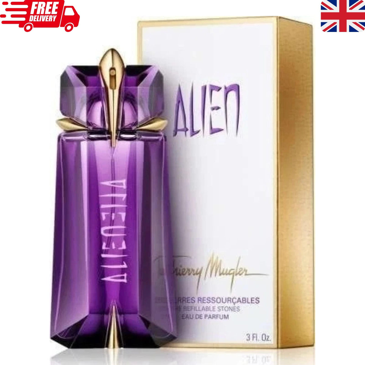 Alien by Thierry Mugler perfume bottle in purple with gold accents, shown next to its white and gold box on a white background.