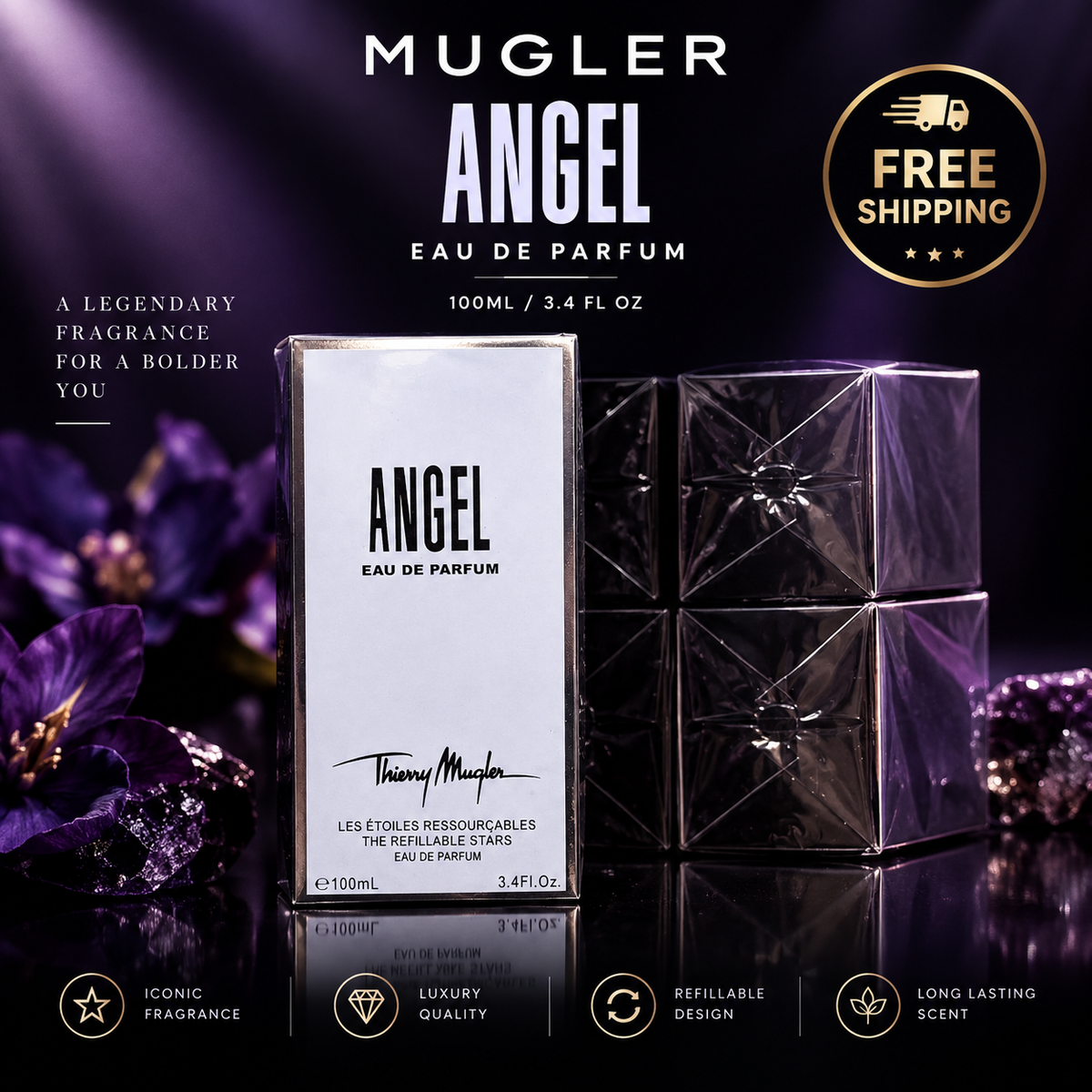 Mugler Angel Eau de Parfum 100ml bottle and packaging box displayed on a reflective dark surface, with three faceted glass perfume bottles behind it. The background is dark purple with floral accents, featuring the text 'MUGLER ANGEL EAU DE PARFUM', a 'FREE SHIPPING' badge, and feature icons at the bottom.