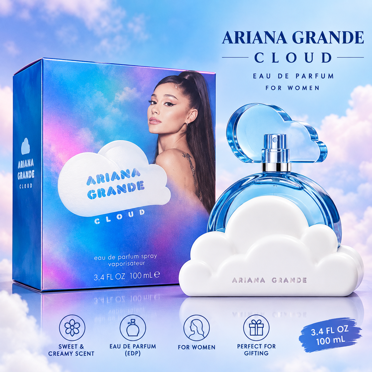 Ariana Grande Cloud Eau de Parfum bottle and packaging box shown against a pastel cloud background. The perfume bottle is shaped like a white cloud with a blue glass body and silver spray top, next to its matching blue-and-white box featuring Ariana Grande's portrait.