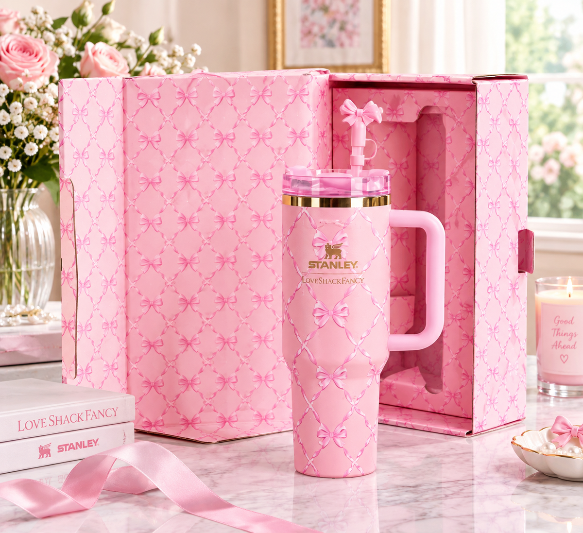 Stanley x LoveShackFancy 40 OZ pink floral bow Quencher H2.0 FlowState tumbler with matching pink gift box, bow-topped straw, and handle displayed on a marble table.
