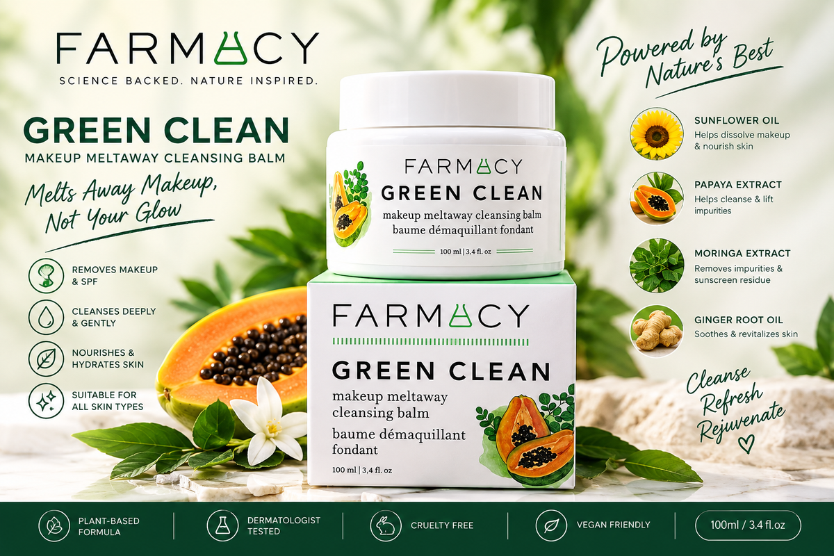 Farmacy Green Clean Makeup Meltaway Cleansing Balm shown in two white jars with green and orange botanical illustrations, set against a styled background with sliced papayas, flowers, and ingredient callouts including sunflower oil, papaya extract, honey extract, moringa extract, and ginger root oil.