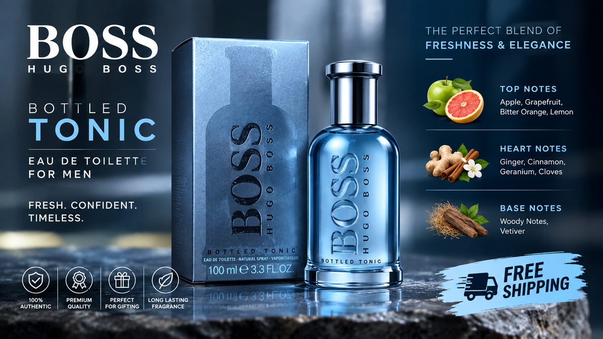 BOSS Hug Boss Bottled Tonic Eau de Toilette for men, featuring a blue glass bottle and matching blue box on a dark reflective surface, with fragrance notes and a free shipping banner.