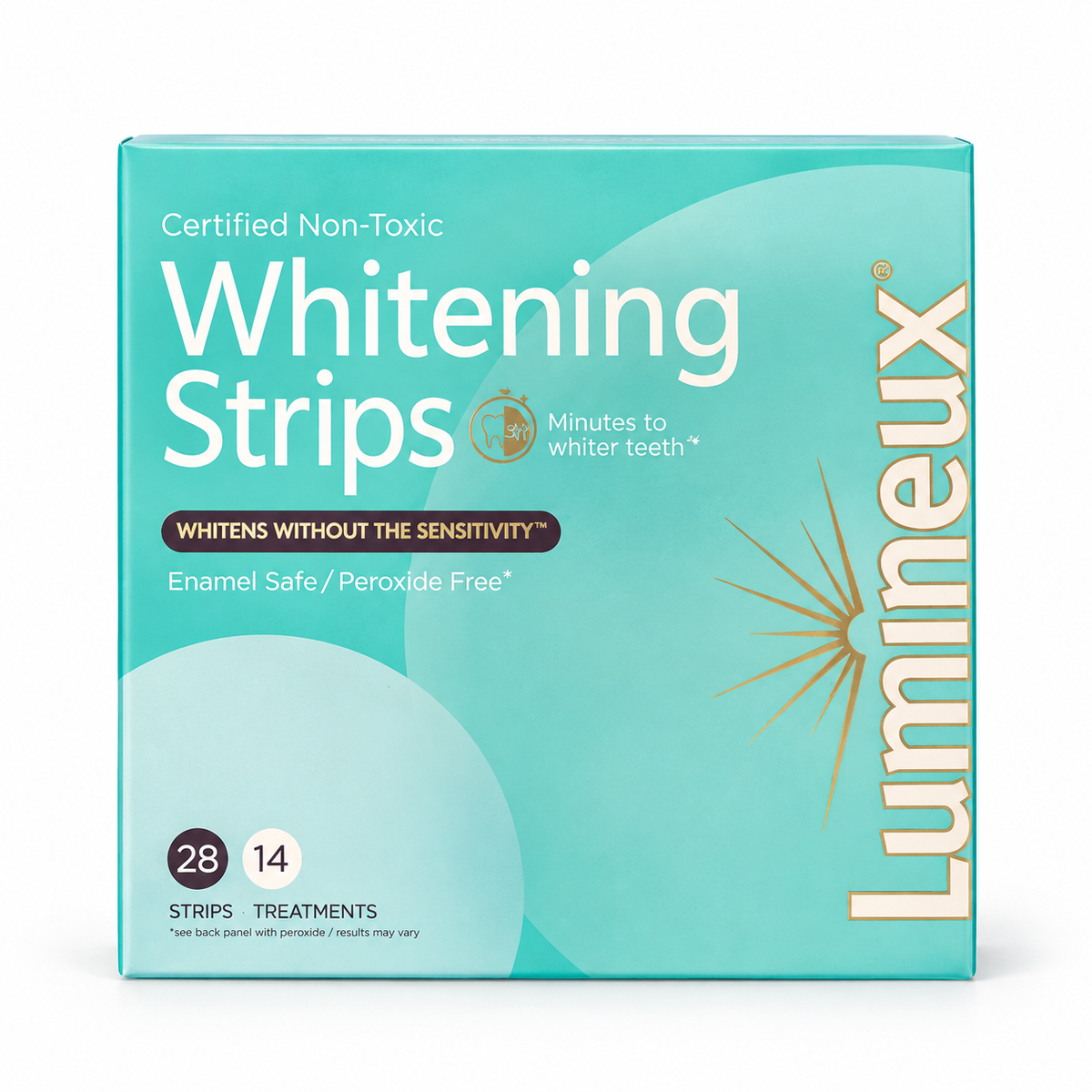 Lumineux Whitening Strips box in a light teal color with white and gold text and graphics, on a clean white background.