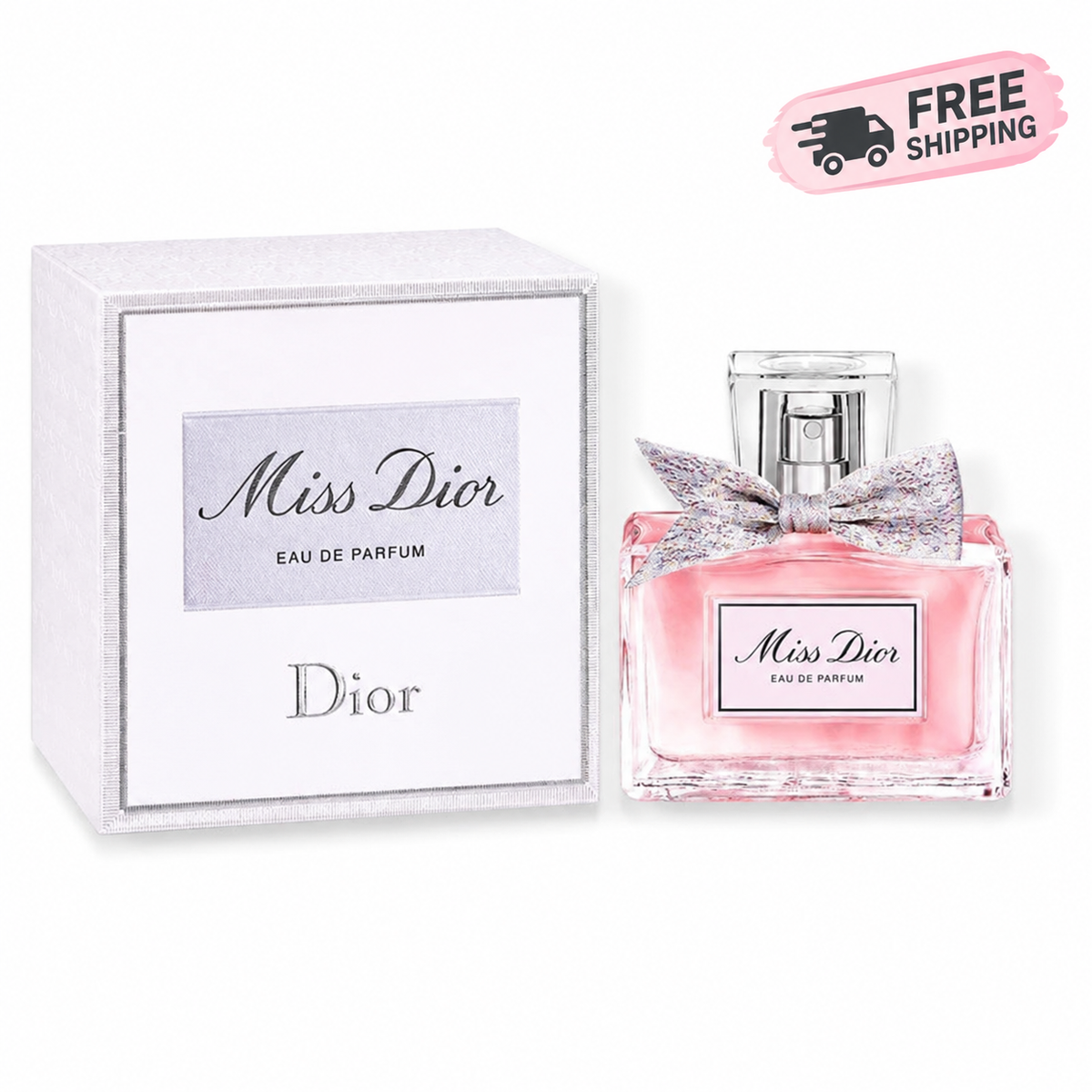 Dior Miss Dior Eau de Parfum bottle with a pink liquid and glittery bow next to its white and silver box, featuring a 'FREE SHIPPING' graphic in the top right corner.