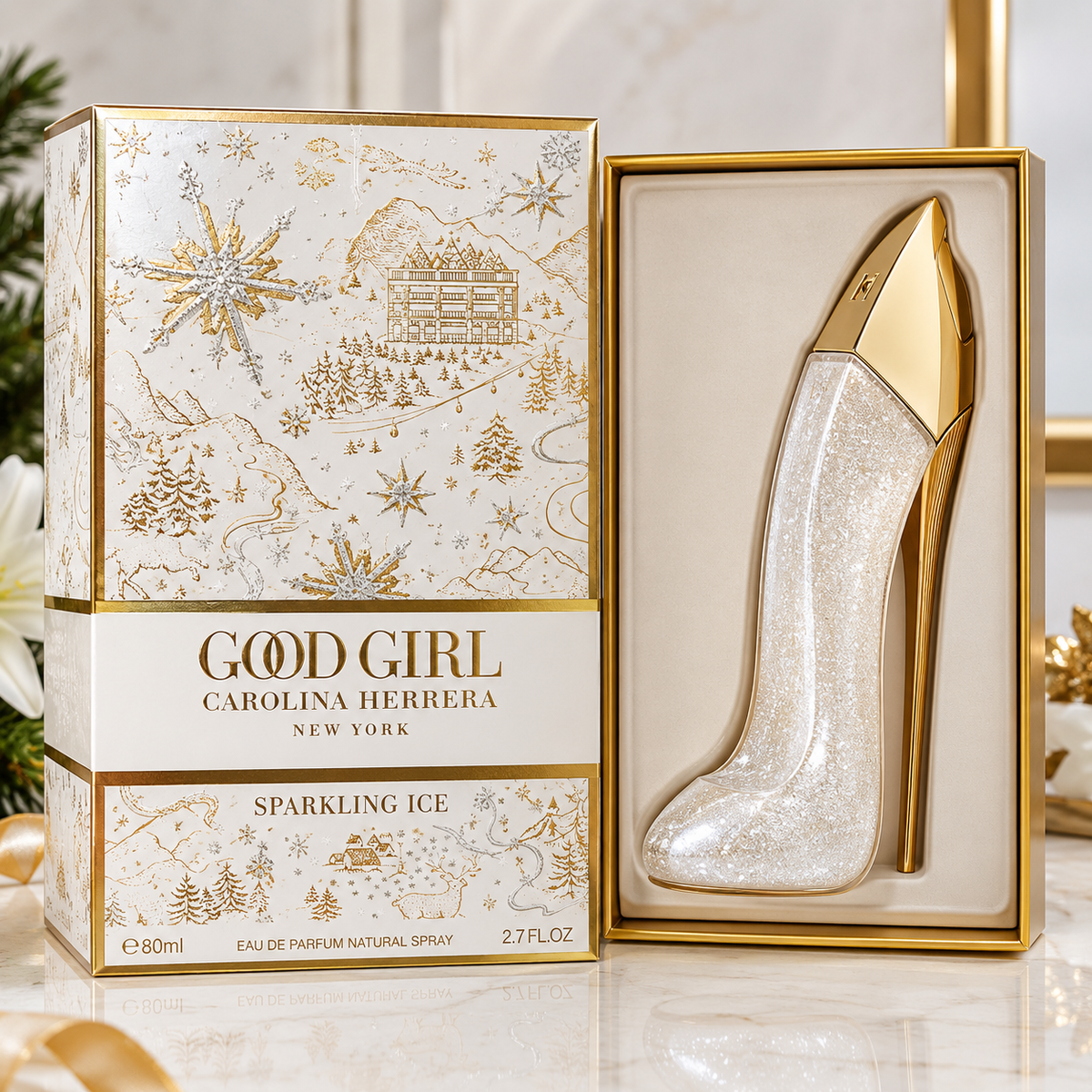 Carolina Herrera Good Girl Sparkling Ice Eau de Parfum 80ml 2.7 fl oz women's perfume in elegant white and gold seasonal packaging.