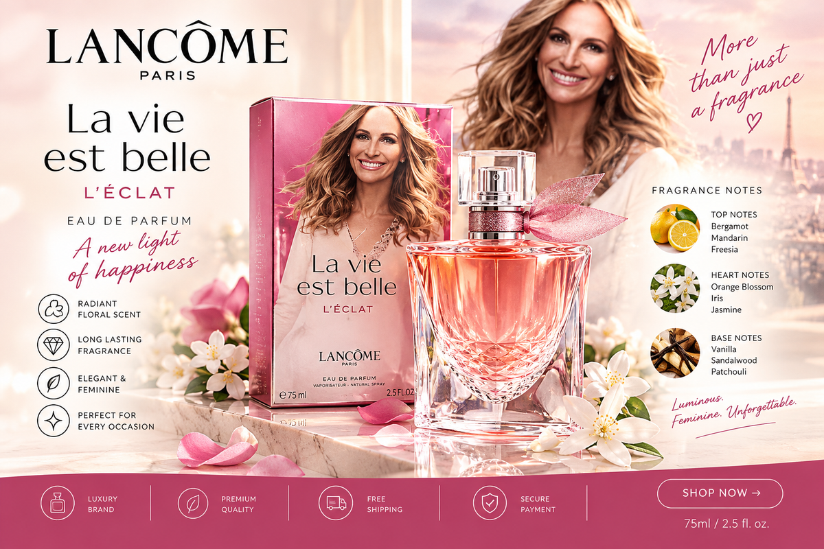 Lancôme Paris La Vie Est Belle Eau de Parfum bottle and box displayed in a promotional ad layout with a model, flowers, and fragrance notes on a pink-toned background.