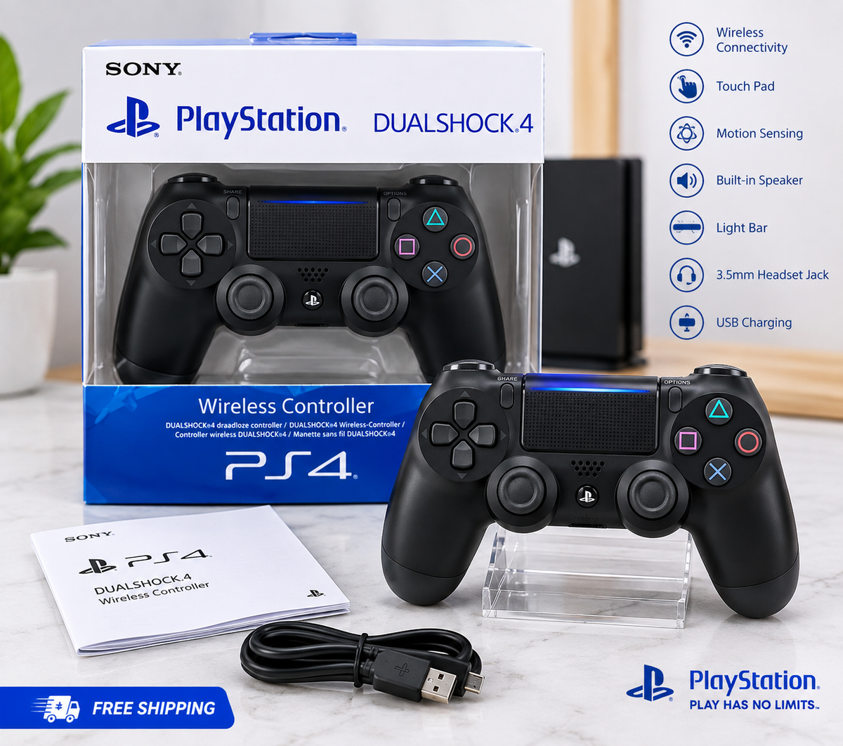 Sony PlayStation 4 DUALSHOCK 4 Wireless Controller in Black with PS4 retail box, USB charging cable, and accessories.
