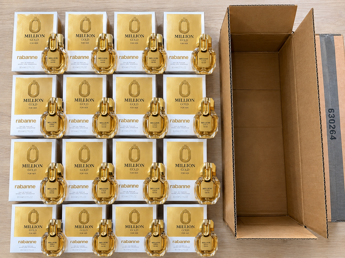 Rabanne Million Gold For Her Eau de Parfum 90 ml retail boxes displayed in a shipping carton.
